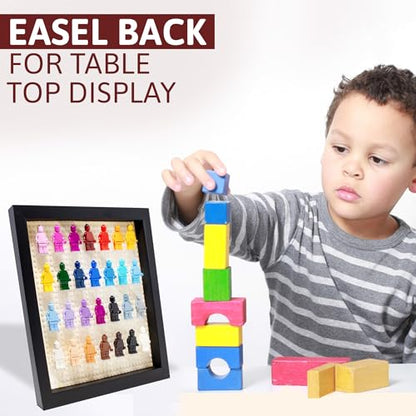 Figurine Display Case 10x10 Natural Shadow Box for Miniature Figures 10x10 Natural Wood Shadow Box with White Base to Display Up to 28 Block Figures - color: Natural With White Backing, size: 10x10