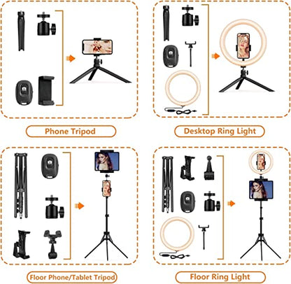 12" Selfie Ring Light with Tripod Stand 72" Tall & Mini Desktop Tripod, PEYOU Ring Light Tripod with 4 Phone Tablet Holders & Shutter for YouTube/Makeup/TikTok/Photography, Compatible with iPhone iPad - size: 72 inch