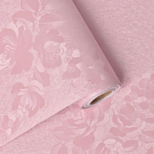 Pink Wallpaper Silk Embossed Floral Pink Contact Paper Peel and Stick Self Adhesive Wallpaper for Bedroom Kids Room Decor Nursery Textured Flower Contact Paper for Cabinets Liner 393inL 17.7inW - color: Pink, size: 17.7" x 393"
