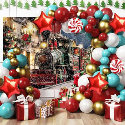 Mocsicka Christmas Train Backdrop Winter Town Snow Railway Xmas Tree Photography Background Winter Xmas Eve New Year Family Party Decor Photo Booth Studio Props (5x3ft (60x36 inch)) - size: 5x3ft (60x36 inch)