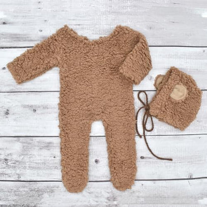 Zeroest Newborn Photography Props Boy Outfits Bear Baby Girl Photo Props Outfits Hat Footed Romper Sleeved Set for Photoshoot - color: Tan