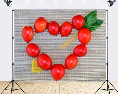 Trykid 12x8ft Heart Shaped Tomato Backdrop Fresh Food Pasta Scenery Photography Background Kitchen Themed Cooking Party Decoration Tapestry Photo Booth Prop Fabric - size: 12x8ft