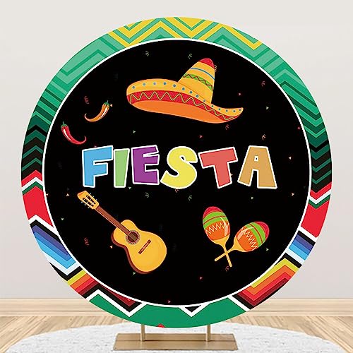 AOFOTO 3x3ft Mexican Fiesta Theme Round Backdrop Cover Guitar Colorful Striped Cinco De Mayo Festival Party Polyester Photography Background Decor Photo Shoot Decor Props Supplies - color: Fiesta B, size: 3x3ft