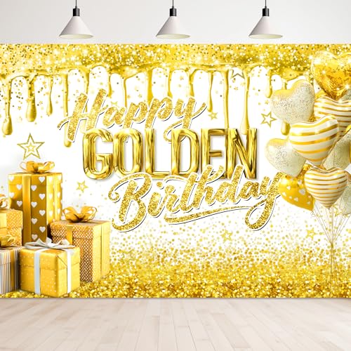Newsely Golden Happy Birthday Backdrop 7Wx5H Photography Gold Shiny Glitter Stripes Balloons Golden Gift Shining Background Fashion Elegant Bday Party Decorations Banner Photo Booth Props Supplies - color: H-Gold, size: 7Wx5H