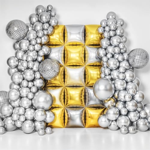 Gold Silver Square Foil Balloon Wall,25Pcs Double Sided Balloons Backdrop Helium Polyester Film Balloon Tunnel Arch Garland Kit for Birthday Bridal Anniversary Baby Shower Party Decorations - style: Gold Silver