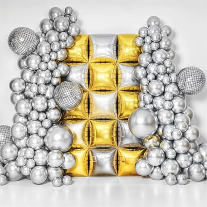 Gold Silver Square Foil Balloon Wall,25Pcs Double Sided Balloons Backdrop Helium Polyester Film Balloon Tunnel Arch Garland Kit for Birthday Bridal Anniversary Baby Shower Party Decorations - style: Gold Silver