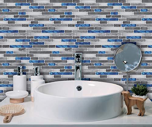 Art3d Peel & Stick Brick Kitchen Backsplash Self-Adhesive Wall Tile Stone Design, 10 Sheets, Blue Marlbe, 30 * 30cm - color: Blue