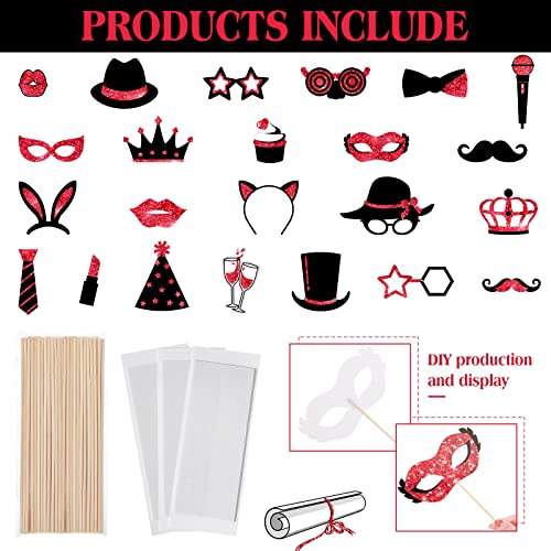 Zonon 24 Pcs Funny Photo Booth Props:Birthday Wedding Graduation, Family Reunion, Class Reunion, Easter, Prom Disco Party Celebration Decoration Supplies - Mix of Hats,Lipstick,Tie(Red and Black) - color: Red and Black