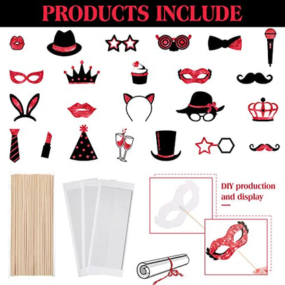 Zonon 24 Pcs Funny Photo Booth Props:Birthday Wedding Graduation, Family Reunion, Class Reunion, Easter, Prom Disco Party Celebration Decoration Supplies - Mix of Hats,Lipstick,Tie(Red and Black) - color: Red and Black