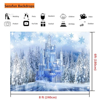 Sensfun Winter Ice Wonderland Backdrop Wonderland Christmas Party Decorations,Crystal Ice Castle Snowflake Photography Background for Girl Wonderland Birthday Banner Portrait Photo Booth Prop 8x6ft - size: 8X6ft