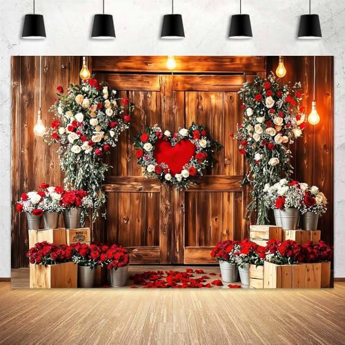 7 x 5 ft Valentine's Day Photography Backdrop Red Rose Rustic Vintage Wood Door Floral Love Heart Photography Background Valentine Women Girls Backdrops Portrait Photo Booth Props - color: Brown, size: 7x5ft