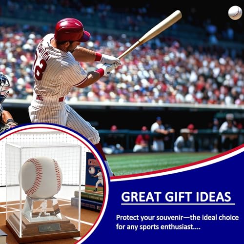 Baseball Display Case, Baseball Display Stand with LED Lights , Wooden Stand and a Bronze Medal,Cube Baseball Holder Display case, Acrylic Clear Ball Protector for Memorabilia Baseball Gifts