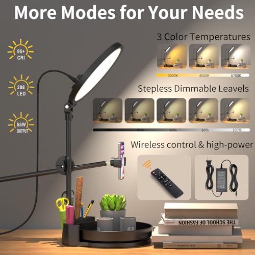 Zoom Lighting for Computer, Desk Ring Light with Stand, 55W Dimmable Full Screen Ring Light, with Rotating Storage Box, Pen Holder Stand, Phone Holder & Controller (Black, 10.5) - color: black