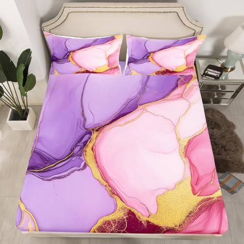 Marble Sheet Set - Pink Purple Gold Bed Sheets, Soft Modern Texture Pattern, Full Size 4-Piece Girly Bedding Set (1 Fitted Sheet, 1 Top Sheet, 2 Pillowcases) - color: Multi 01, size: Full