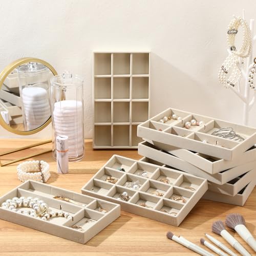 Highergo 8 Pcs Velvet Jewelry Trays Stackable Drawers Organizer Ring Earring Bracelet Necklace Storage Trays, 8.3x4.7x1''(12 Grids) - style: 12 Grids