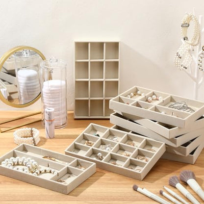 Highergo 8 Pcs Velvet Jewelry Trays Stackable Drawers Organizer Ring Earring Bracelet Necklace Storage Trays, 8.3x4.7x1''(12 Grids) - style: 12 Grids