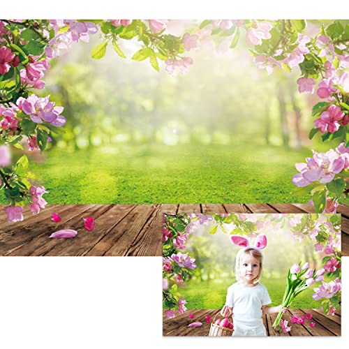 Renaiss 5x3ft Spring Nature Scenery Pink Flower Blossom Green Leaves Wood Floor Park Floral Meadow Photography Background for Wedding Baby Shower Birthday Party Decor Photo Studio Props - color: WSNKY03100, size: 5x3ft