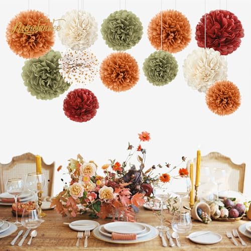 NICROLANDEE Fall Party Decorations, 12 PCS Pumpkin Orange Burgundy Sage Green Ivory Tissue Pom Poms Thanksgiving Decor for Home, Wedding, Birthday, Autumn Harvest Party Supplies - style: Fall