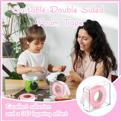 Double Sided Foam Tape Pre Cut 3/4 X 1/2 Inch EVA Foam Adhesive Squares Roll with Acrylic Storage Box 3D Foam Squares for Crafts Arts Sewing DIY Office Supplies (Tape+Box, Pink) - color: Pink, style: Tape+Box