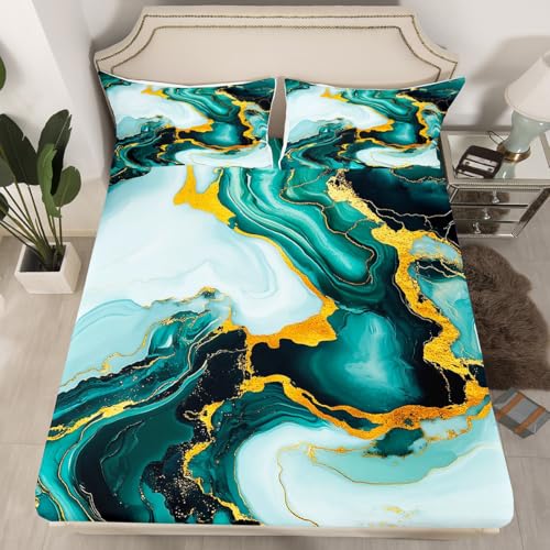 Abstract Marble Fitted Sheet Queen Size,Luxury Stone Texture Modern Artwork Bedding Set,Boys Girls Adults Room Decor,Golden Sequins Dreamy Green Unique Bed Cover,2 Pillowcases（No Flat Sheet） - color: Black Golden, size: QUEEN (W60*L80*H16")