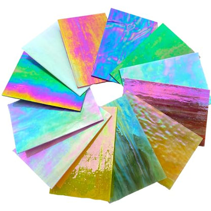 12 Sheets High Shine Iridescent Stained Glass Sheet Variety Pack, 4 x 6-inch Iridized Art Glass Mosaic Tiles for Crafts, Stained Glass Supplies for Glass Projects and Mosaic Work - color: Iridescent Mixed