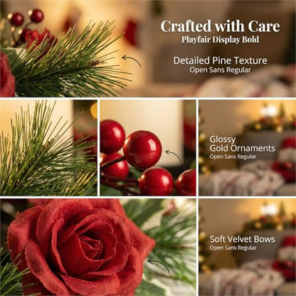 MOYEE Candle Holder Centerpieces for Tables,Candle Ring,Wreaths, Black Metal Candle Stick Paired Artificial Flowers 14 in Versatile Dining Table Centrepiece - color: Rose and Pine Needle Wreath