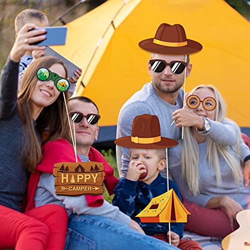 Happy Camper Party Photo Props - 25Pcs Funny Camping Selfie Props with Sticks for Camping Birthday Party Supplies,Baby Shower,Backyard Camp Out Campfire Forest Hiking Fun Adventure Party Decor