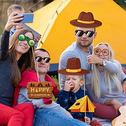 Happy Camper Party Photo Props - 25Pcs Funny Camping Selfie Props with Sticks for Camping Birthday Party Supplies,Baby Shower,Backyard Camp Out Campfire Forest Hiking Fun Adventure Party Decor