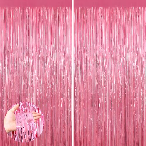 Pink Metallic Tinsel Foil Fringe Curtains, 2 Pack 3.3x8.3 Feet Party Streamer for Birthday Party Decorations, Halloween Decor, Foil Curtain Backdrop for Bachelorette Party - color: Pink, size: 2 Pack