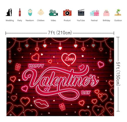 Valentines Banner Backdrop 7x5FT Red Glitter Heart Neon Valentine's Day Photography Background Valentines Theme Party Decorations Photo Props