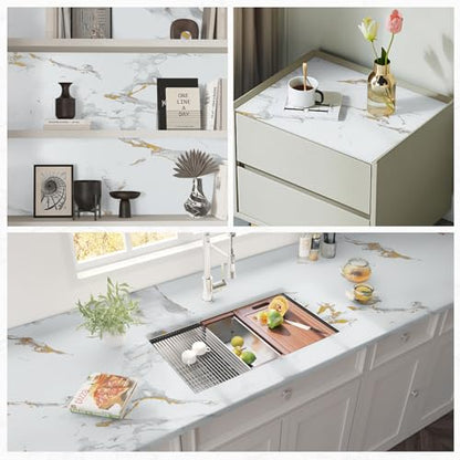 practicalWs Glossy Marble Wallpaper Peel and Stick White/Gold Granite Contact Paper Removable Wall Paper for Kitchen Countertop Cabinet Furniture 11.8" x 78.7" - color: Gold/White, size: 11.8" x 78.7"