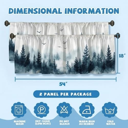 Misty Forest Curtain, Two-Pack, Mist Mountain Bird Watercolor Landscape,Applicable to Bathroom, Bedroom, 54x18 inches. - color: Misty Forest