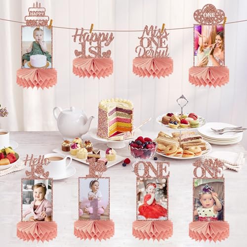 Guiruiy 8Pcs 1st Birthday Decorations Honeycomb Centerpieces for Girls, Pink Rose Gold Glitter First Birthday Photo Table Centerpieces Party Supplies, Pink Sweet One Bday Photo Table Topper - style: Rose Gold 1st