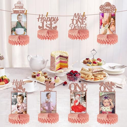 Guiruiy 8Pcs 1st Birthday Decorations Honeycomb Centerpieces for Girls, Pink Rose Gold Glitter First Birthday Photo Table Centerpieces Party Supplies, Pink Sweet One Bday Photo Table Topper - style: Rose Gold 1st