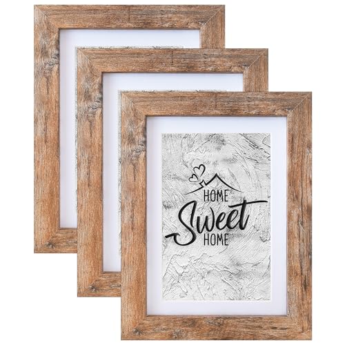 Califortree 3 Pack Rustic Brown 5x7 Wood Picture Frame, 4x6 Photo Display with Mat, Shatterproof Plexiglass, Wall & Tabletop Multi-Direction Display - size: 5x7-3Pack