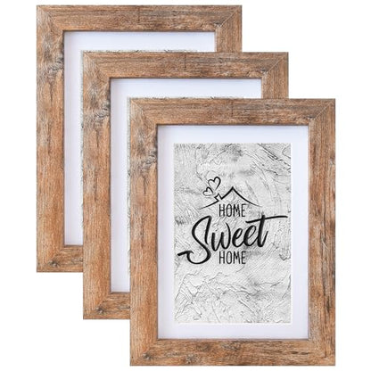 Califortree 3 Pack Rustic Brown 5x7 Wood Picture Frame, 4x6 Photo Display with Mat, Shatterproof Plexiglass, Wall & Tabletop Multi-Direction Display - size: 5x7-3Pack