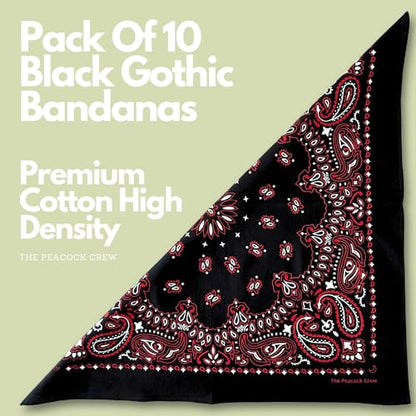The Peacock Crew Premium Soft Cotton Bandanas Pack for Men and Women Paisley 22 x 22 inches - color: Pack of 10 Black Gothic