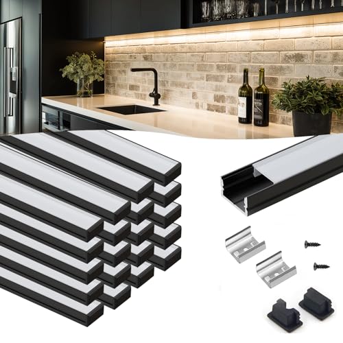 VST 20pack 3.3ft LED Channel, U Shape Led Diffuser Channel, LED Aluminum Channel System with Milky Cover, End Caps and Mounting Clips, Aluminum Profile for LED Strip Light Very Easy Installation - color: Black & Milky, size: 3.3ft 20