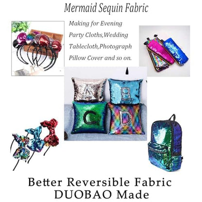 DUOBAO Turquoise to Silver Sequin Fabric by The Yard Mermaid Two Color Change Glitter Fabrics Aqua Reversible Sparkle Sequins - color: Silver to Turquoise, size: 1 Yard