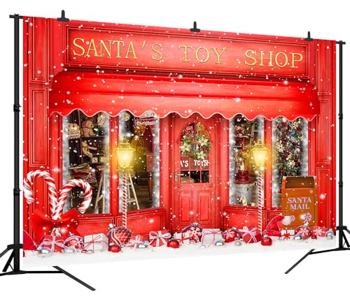 10X6.5FT Red Christmas Photo Backdrop Santa's Toy Shop Candy Cane in Snow World Xmas Family Holiday Party Banner Photography Background Supplies Decor Studio Prop - size: 10x6.5ft