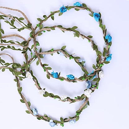 12PCS Multicolor Flower Crown Floral Headband Wreath Garland Headbands, 16 Pieces Flowers Tie on Ratton and Hemp Rope,Unique Design for Women Wedding Party Photo Props