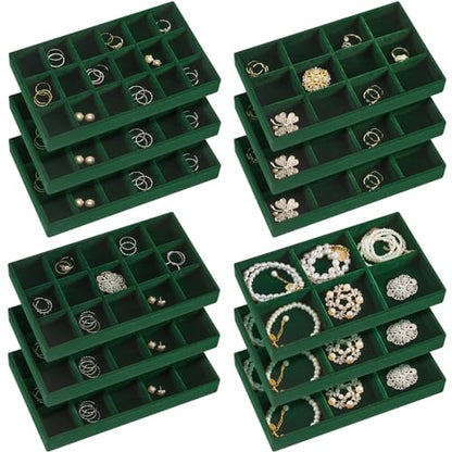 Junkin 12 Pcs Jewelry Tray Velvet Stackable Jewelry Organizer Trays Divided Earring Accessories Storage Containers Box (Rose Red) - color: Green