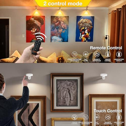 Picture Lights for Wall Wireless with Magnetic,2000mAh Rechargeable Picture Frame lights with Dimmable, Puck Lights with Remote Control,Art Lighting for Paintings,Counter, Shelf,Bookcase(4 Pack,White) - color: White-4 PACK