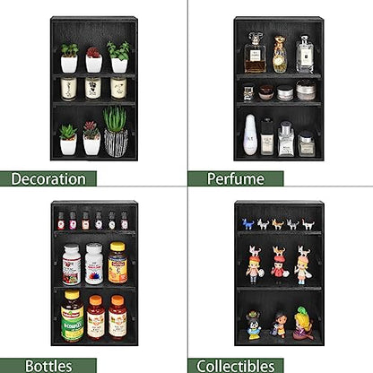 Ikee Design Wooden Wall-Mounted Display Shelves Rack for Collectibles, Figures,Shot Glasses,Spice Can,Cosmetics or Perfume, 5 Adjustable Height Shelves,Space-Saving, Black Color - color: Black, 5 Shelves