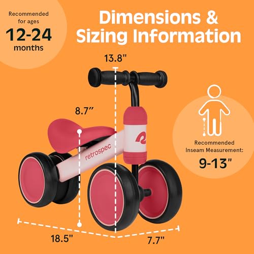 Retrospec Cricket Baby Balance Bike, 4-Wheel Ride-On Toy for Ages 12-24 Months – First Bike & Toddler Bike for 1 Year Old Boys & Girls, First Birthday Gift - color: Blush