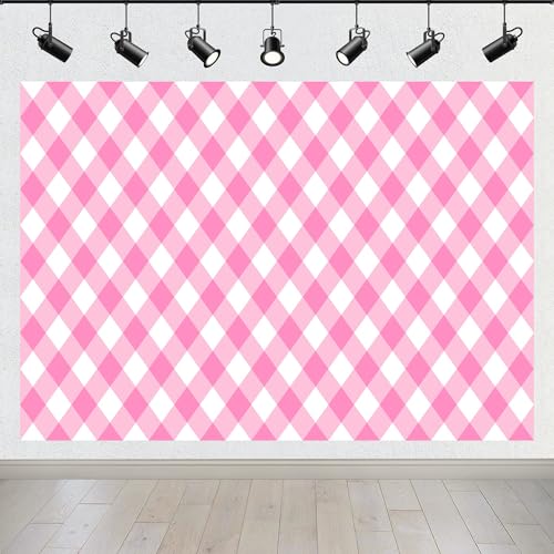 BELECO 8x6ft Fabric Pink and White Checkered Backdrop Pink Gingham Pattern Plaid Texture Background BBQ Picnic Party Decorations Birthday Baby Shower Shoot Photo Props - size: 8x6FT