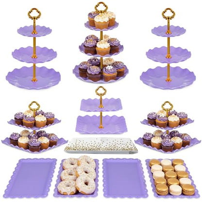 Pack of 11 NWK Cake Stand Set, with 3 x Two-Tier and 3 x Three-Tier Cupcake Stands, 4 x Appetizer Trays, 1 x Tablecloth for Birthday Bridal Baby Shower Party (Purple) - color: Purple