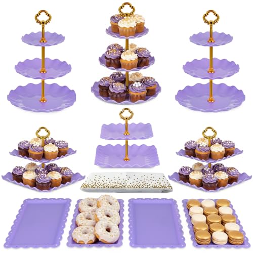 Pack of 11 NWK Cake Stand Set, with 3 x Two-Tier and 3 x Three-Tier Cupcake Stands, 4 x Appetizer Trays, 1 x Tablecloth for Birthday Bridal Baby Shower Party (Purple) - color: Purple