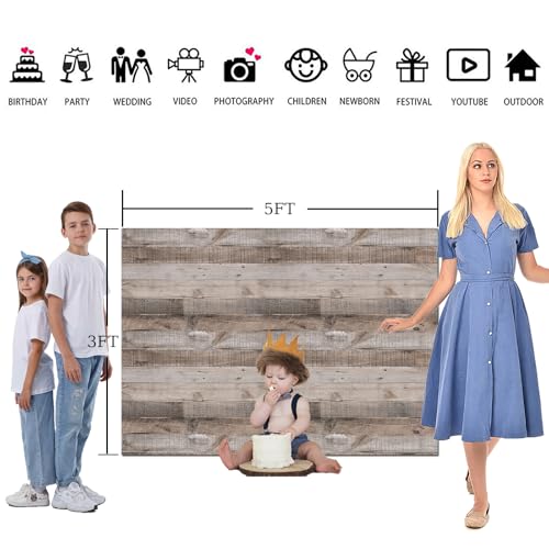 Rustic Wood Wall Backdrop 5x3FT Natural Wooden Plank Photography Background Baby Shower Birthday Bridal Shower Party Cake Table Decorations Banner Backdrops Photo Booth Prop Polyester Fabric - size: 5X3FT