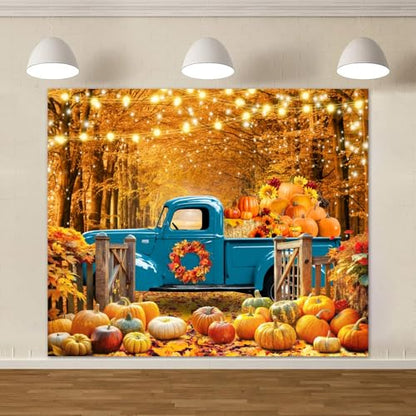 Fall Thanksgiving Backdrop Banner Decorations 10x8ft Autumn Forest Backdrop Pumpkin Harvest Truck Hay Sunflower Photography Background Kids Adults Family Friendsgiving Party Portrait Photo Props